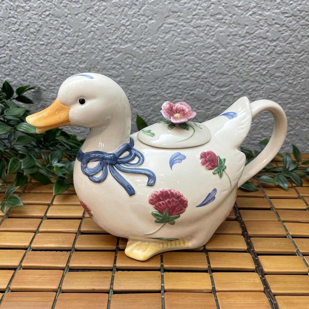 Vintage Lenox Poppies on Blue Barnyard Duck Teapot 1998 Retired Cottagecore 6.5"